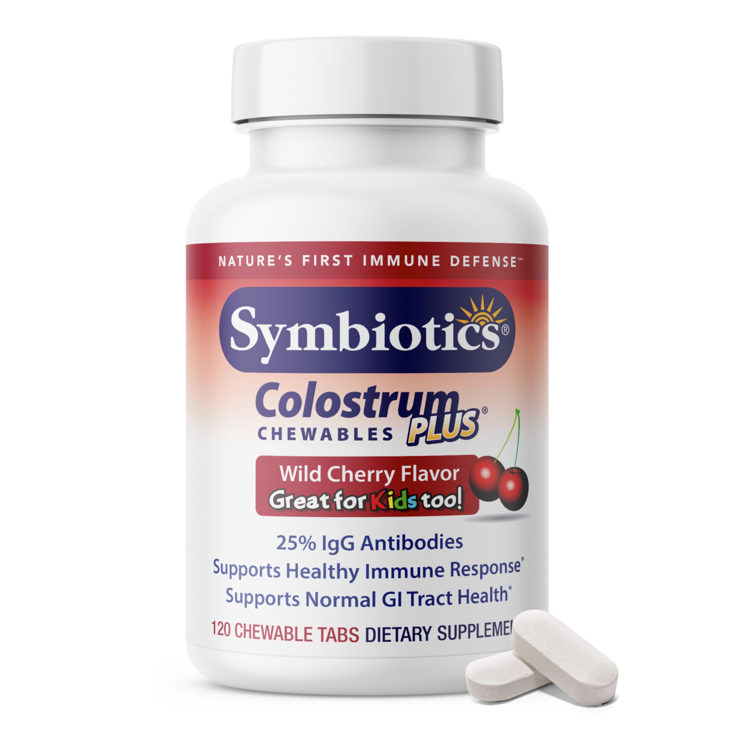 Symbiotics Colostrum 120ct Chewables Plus - Immunity Support for Adult & Kids - Lactoferrin Supplement & Colostrum Protein - Supports Digestion & Gut - 25% lgG Antibodies, Gluten Free - Wild Cherry