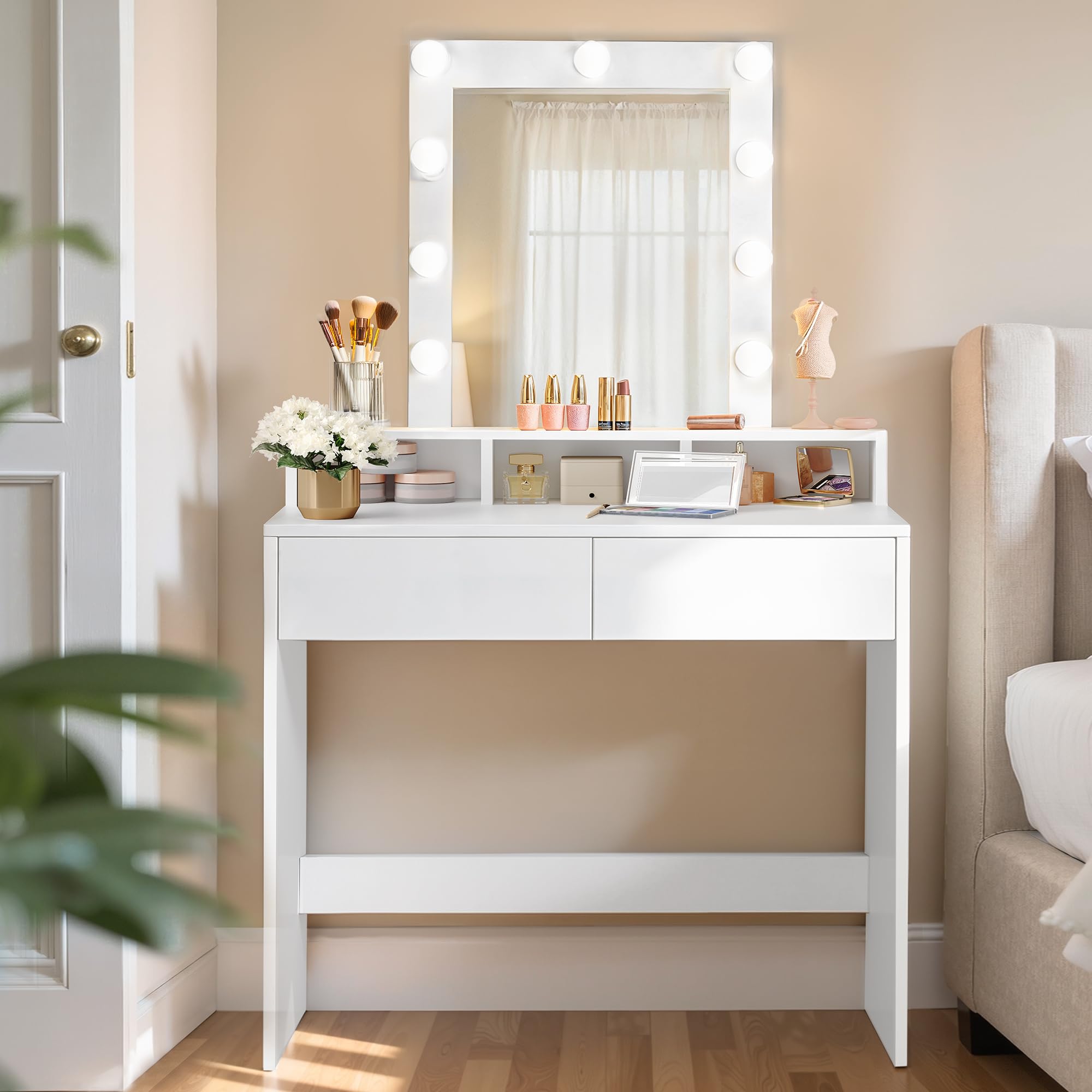 VASAGLE Kailyn Colección - Tocador, Luces LED con Brillo Ajustable, Mesa de Maquillaje con Espejo, 2 Cajones y 3 Compartimentos, Moderno, Blanco RDT114W01 The Forest Stewardship Council