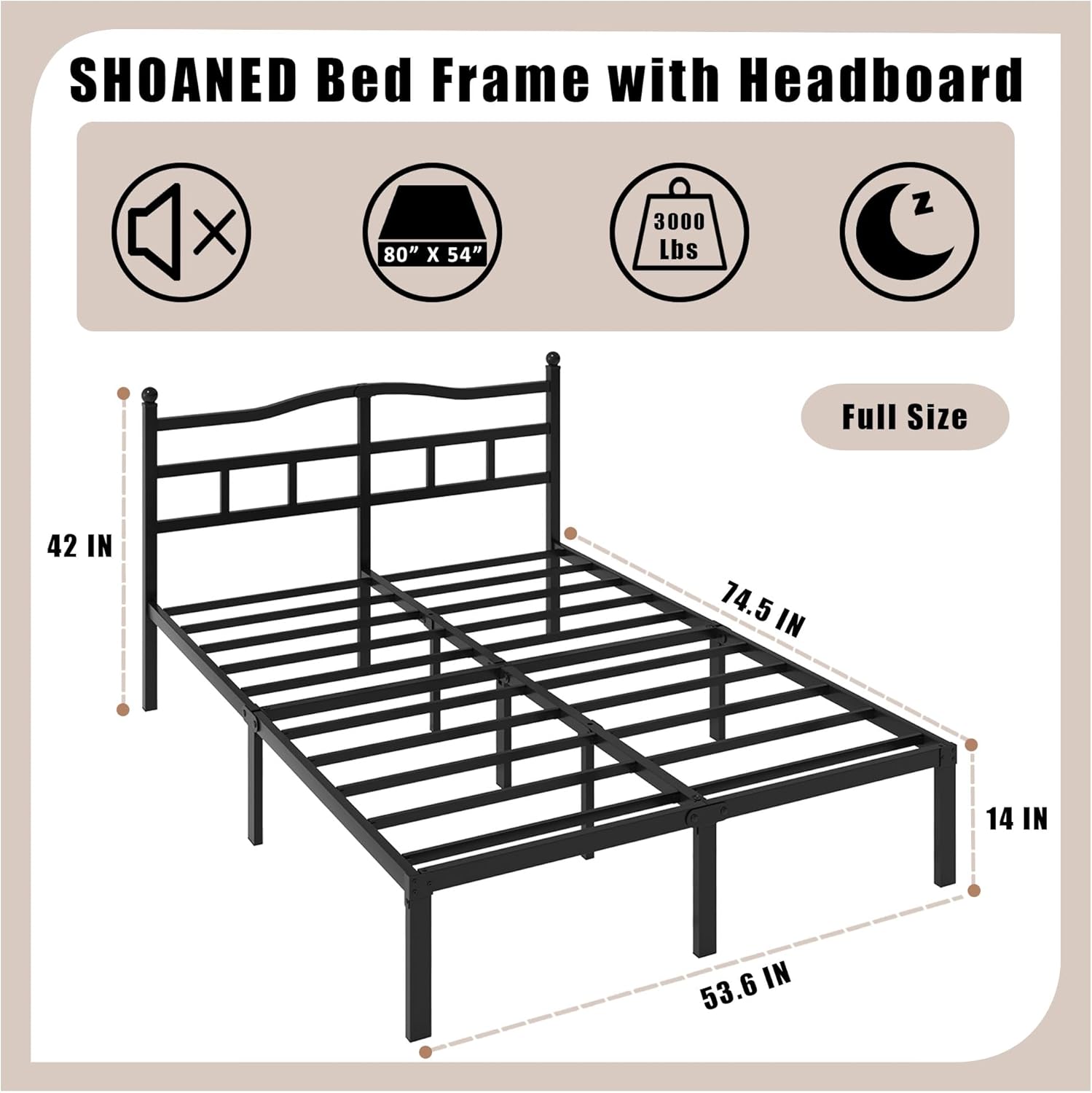 14 Inch Metal Bed Frame - Full Size Heavy Duty Bedframe with Headboard Black Basic Steel Slats Platform No Box Spring Needed/Easy Assembly/Noise Free - Image 2