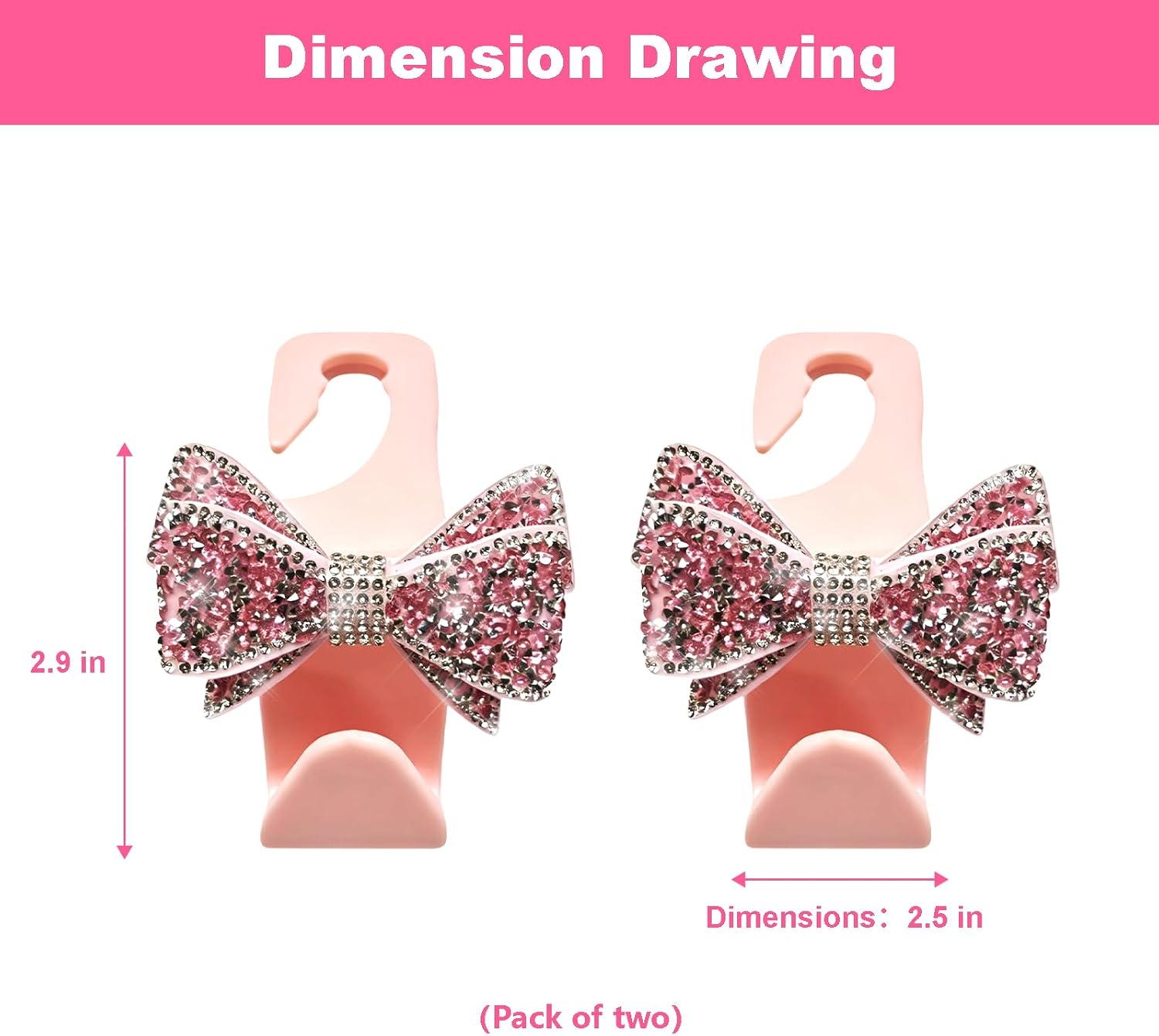 Bling Car Headrest Hook, Cute Bow Diamond Auto Rear Seat Organizer for Purses Bags Groceries, Crystal Rhinestone Vehicle Seat Back Hanger Storage Hook for SUV Truck Sedan (Pink) image 2