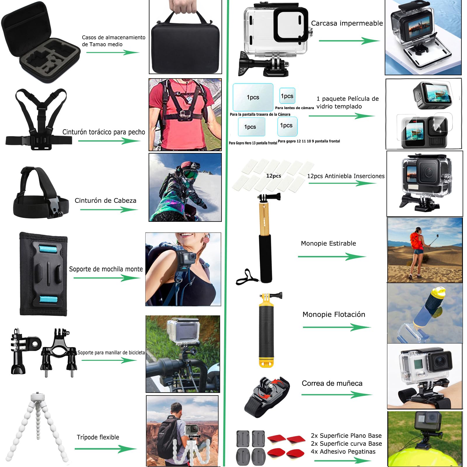 Kit de Accesorios Kit de Cámara de acción para Gopro 13 12 11 10 9 Cámara, Kit de Cámara de acción Paquete Compatible con Gopro Hero 13 12 11 10 9 (DT16)
