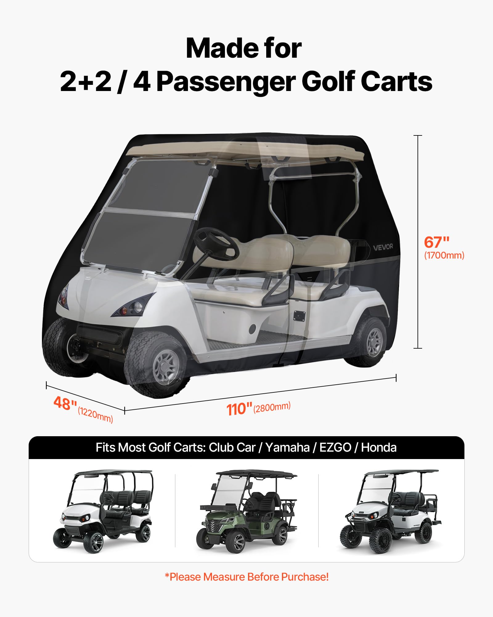 VEVOR Housse pour Golfette, Housse de Voiturette de Golf de 4 Places, Couverture Intégrale avec Tissu Oxford 420D Imperméable, Yamaha, EZGO, Honda, Club Car, Protection Extérieure, Revêtement Argenté