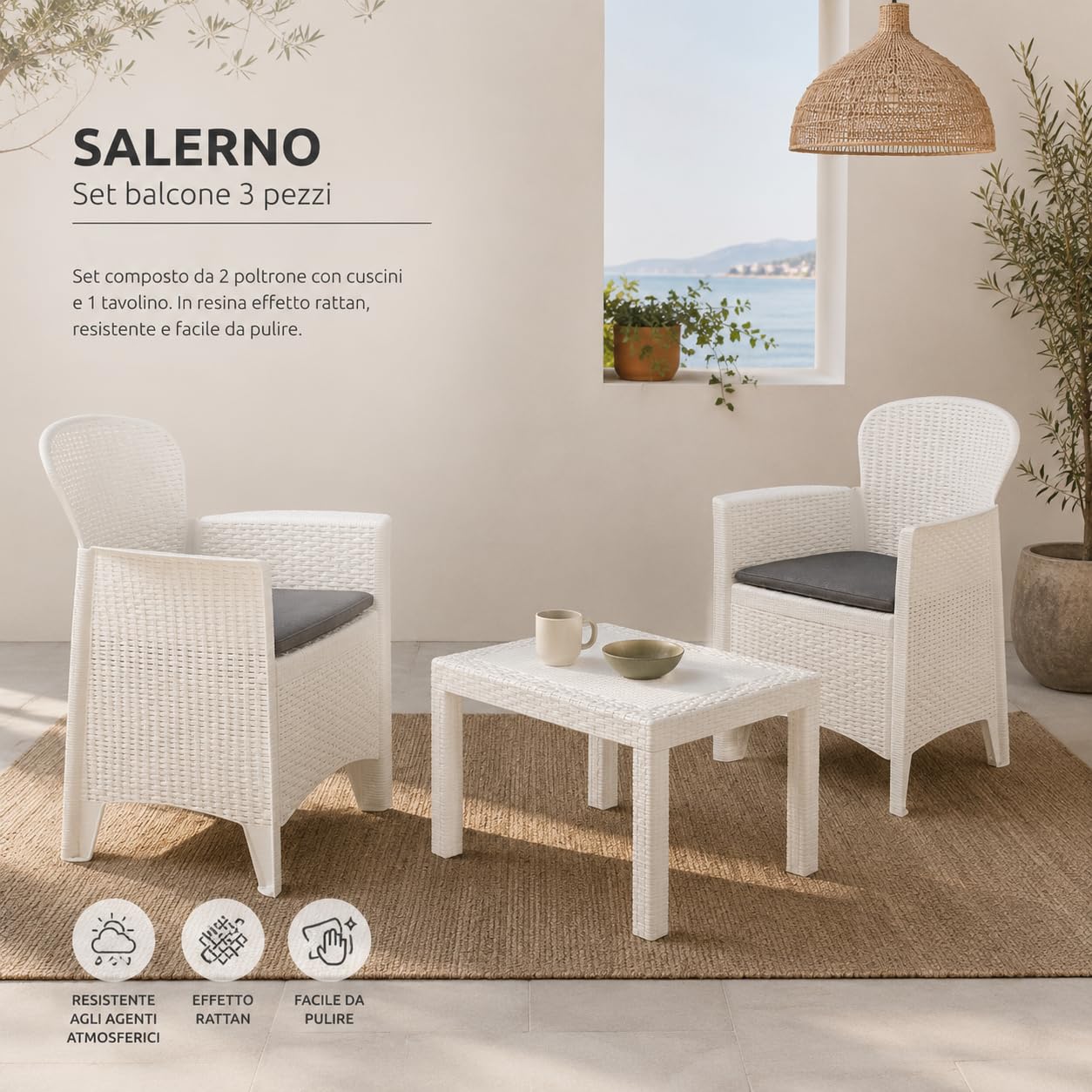Salottino da Esterno 2 Posti Set da Giardino con Cuscini e Tavolino, Lounge Resistente alle Intemperie, Effetto Rattan Bianco 3 Pezzi