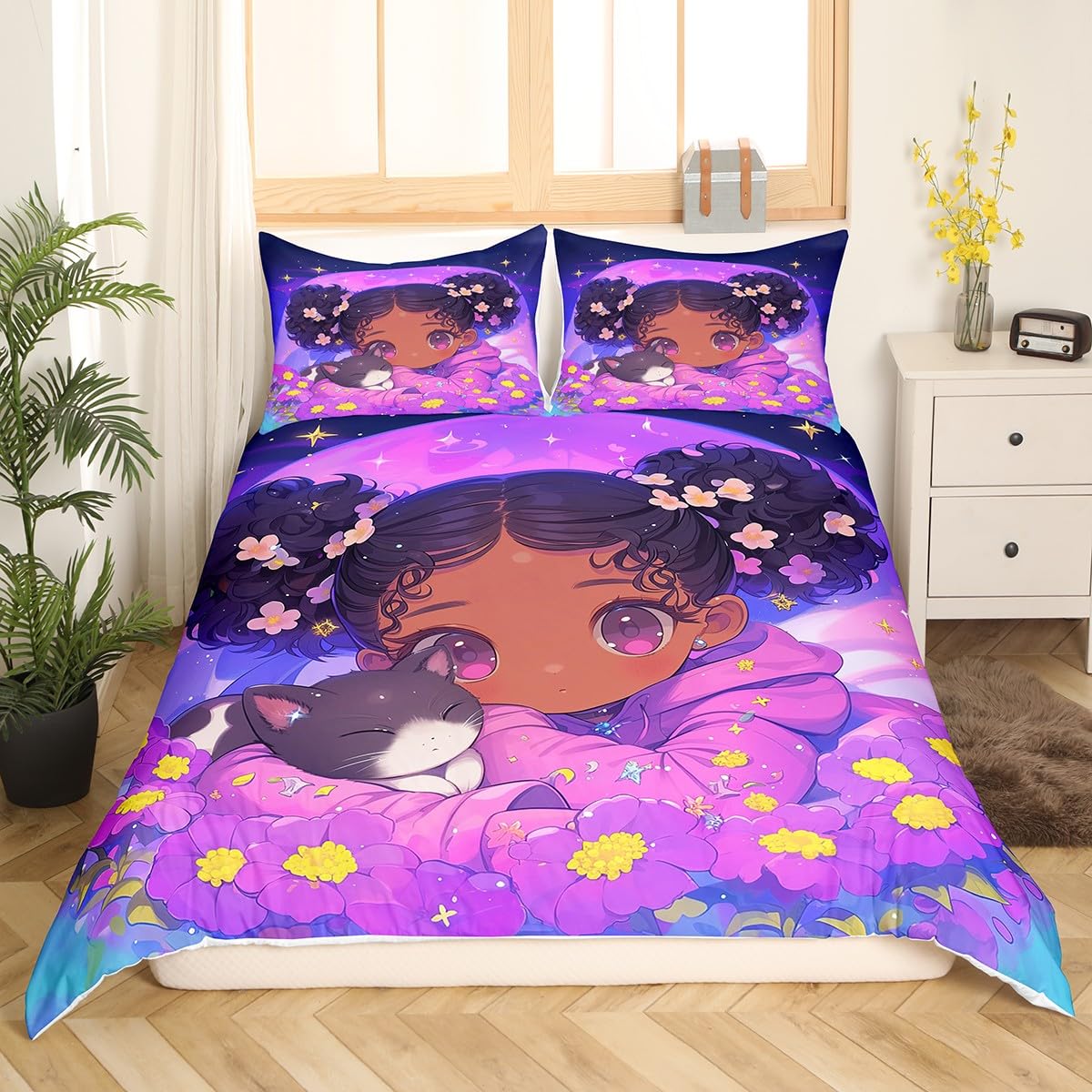 Cartoon Black Girls Decorations,Good Night Theme Duvet Cover for All Season,Pink Glitter Cute Cat Pet Bedroom Decor Comforter Cover (No Filler) Full Size,3PCS