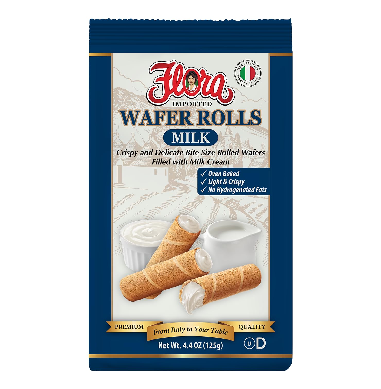 Flora Wafer Rolls Milk – Light & Crispy Rolled Wafers with Milk Cream – Oven Baked Italian Snack – 4.4 oz (125g)