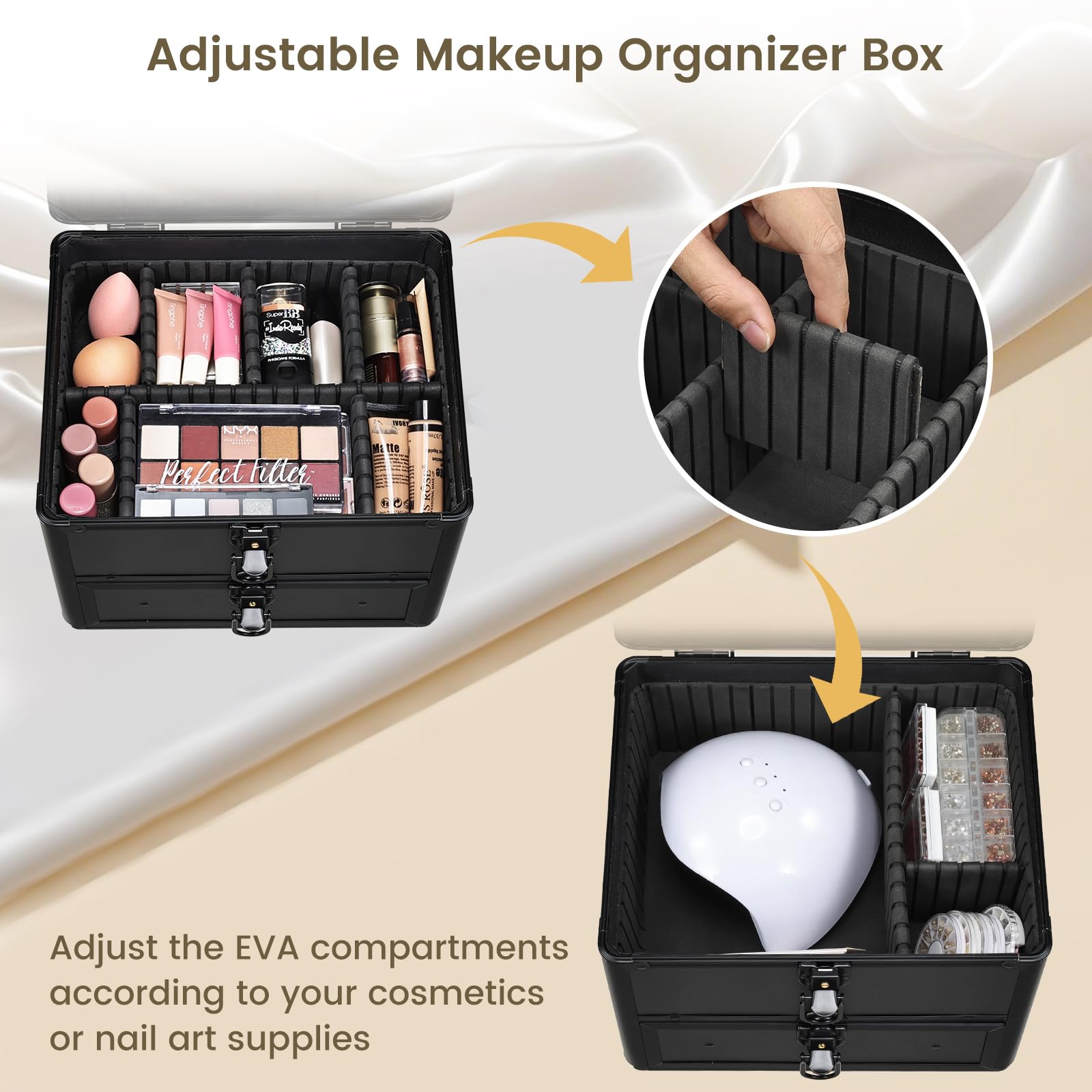 Beauty case con specchio a LED, scatola per il trucco rimovibile con specchio luminoso, portatile, beauty case per truccatori con divisori regolabili e porta pennelli da trucco, Nero con cassetto
