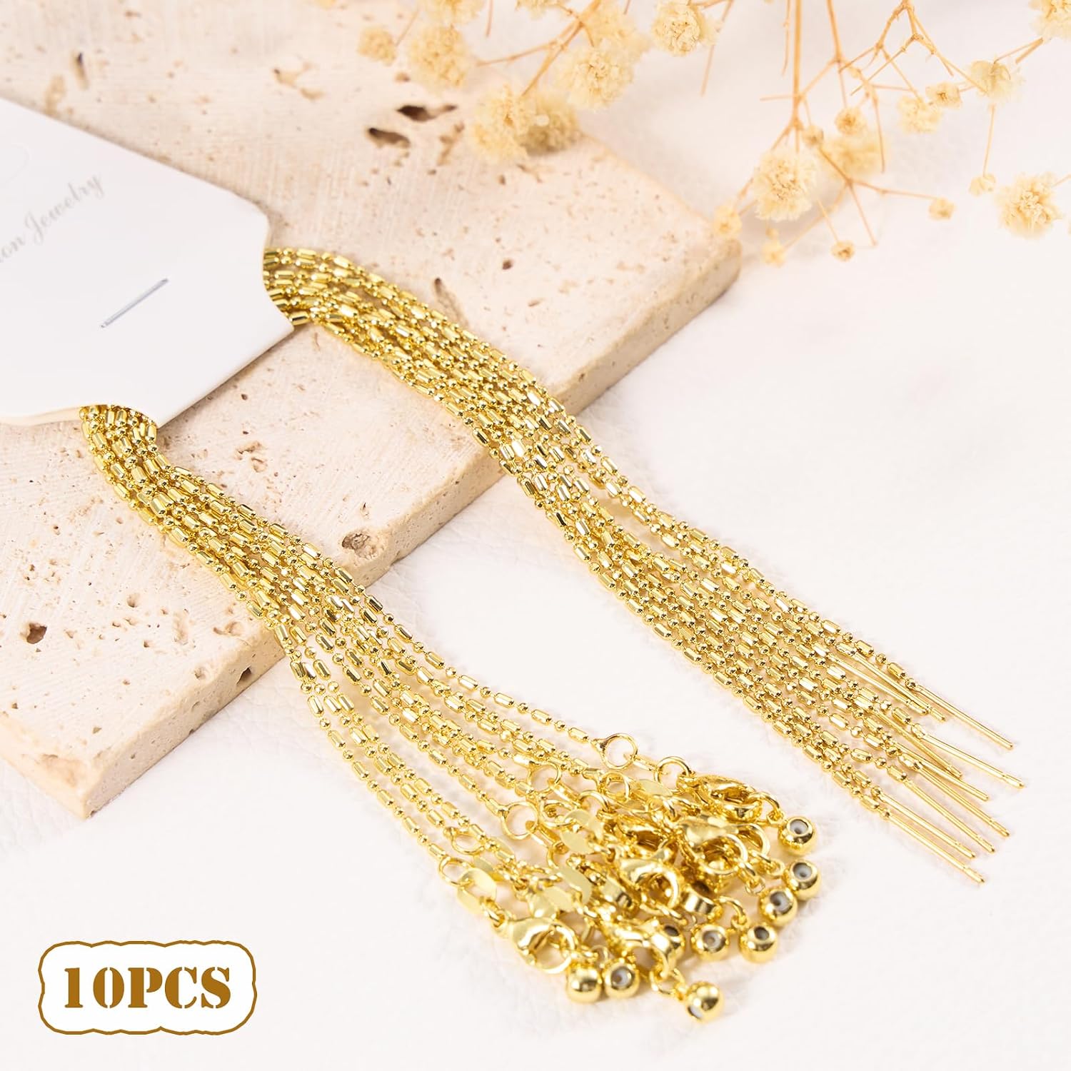 GTVOODX 10Pcs 18K Gold Filled Adjustable Slider Bracelets Chain for Jewelry Making, Thin Dainty Brass DIY Ball Bead Charm Chain with Rubber Stopper