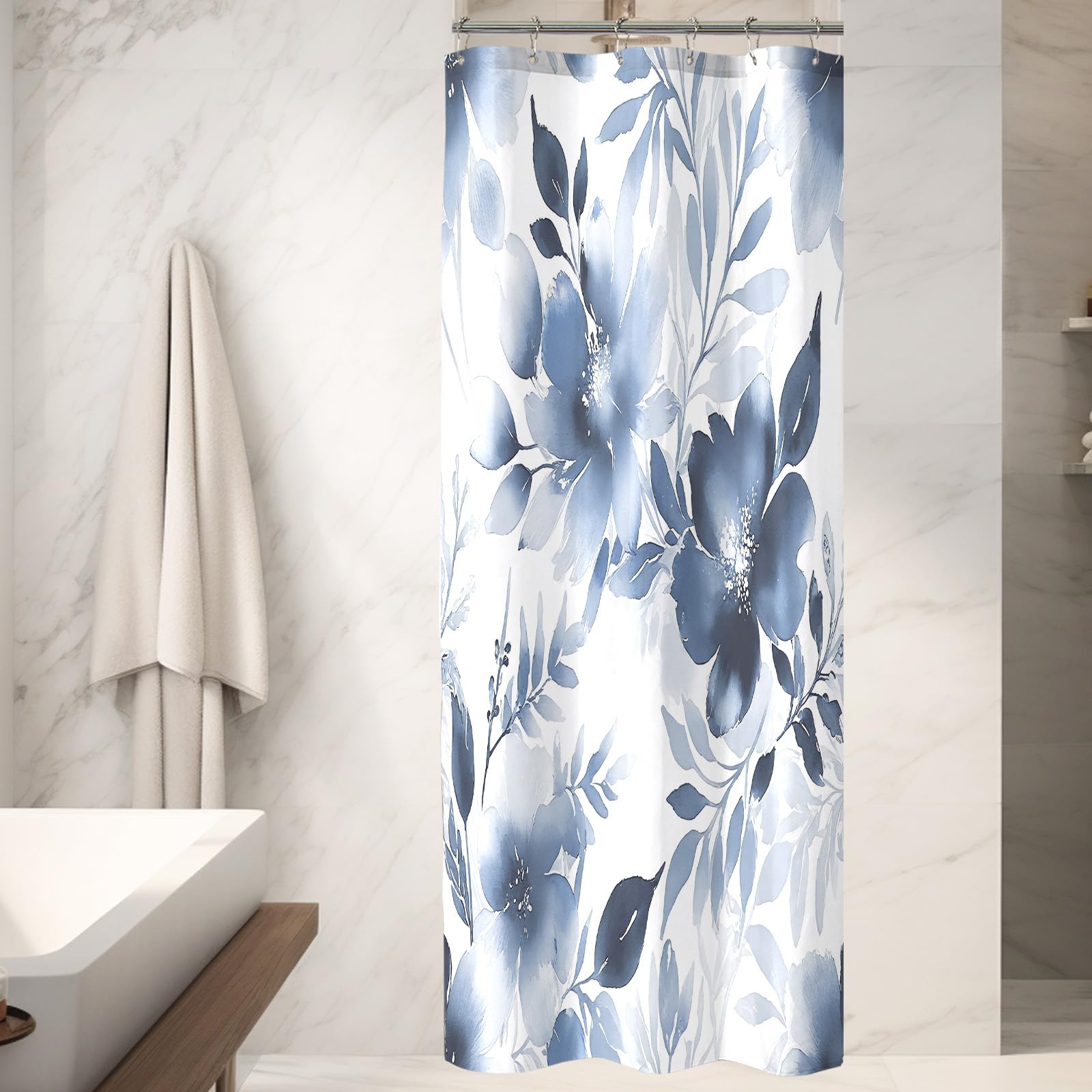 COSEVIER Floral Shower Curtain, Blue Watercolor Flower Shower Curtains for Bathroom, Modern Minimalist Waterproof Fabric Bath Decoration 36x72 Inch