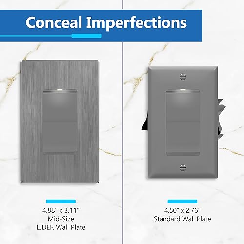 Miniatura 369 de LIDER - Cubierta decorativa de interruptor doble con acabado mate, placa de pared sin tornillos, tamaño mediano, 2 bandas, 4.88 x 4.92 pulgadas
