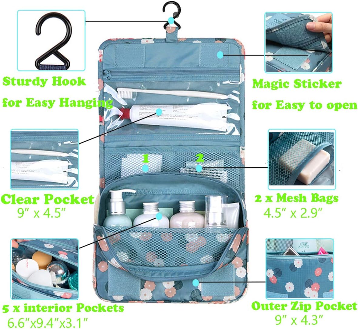 Hanging Travel Toiletry Bags, TCHEER Folding Travel Wash Bag, Portable Make up Bags - Image 4