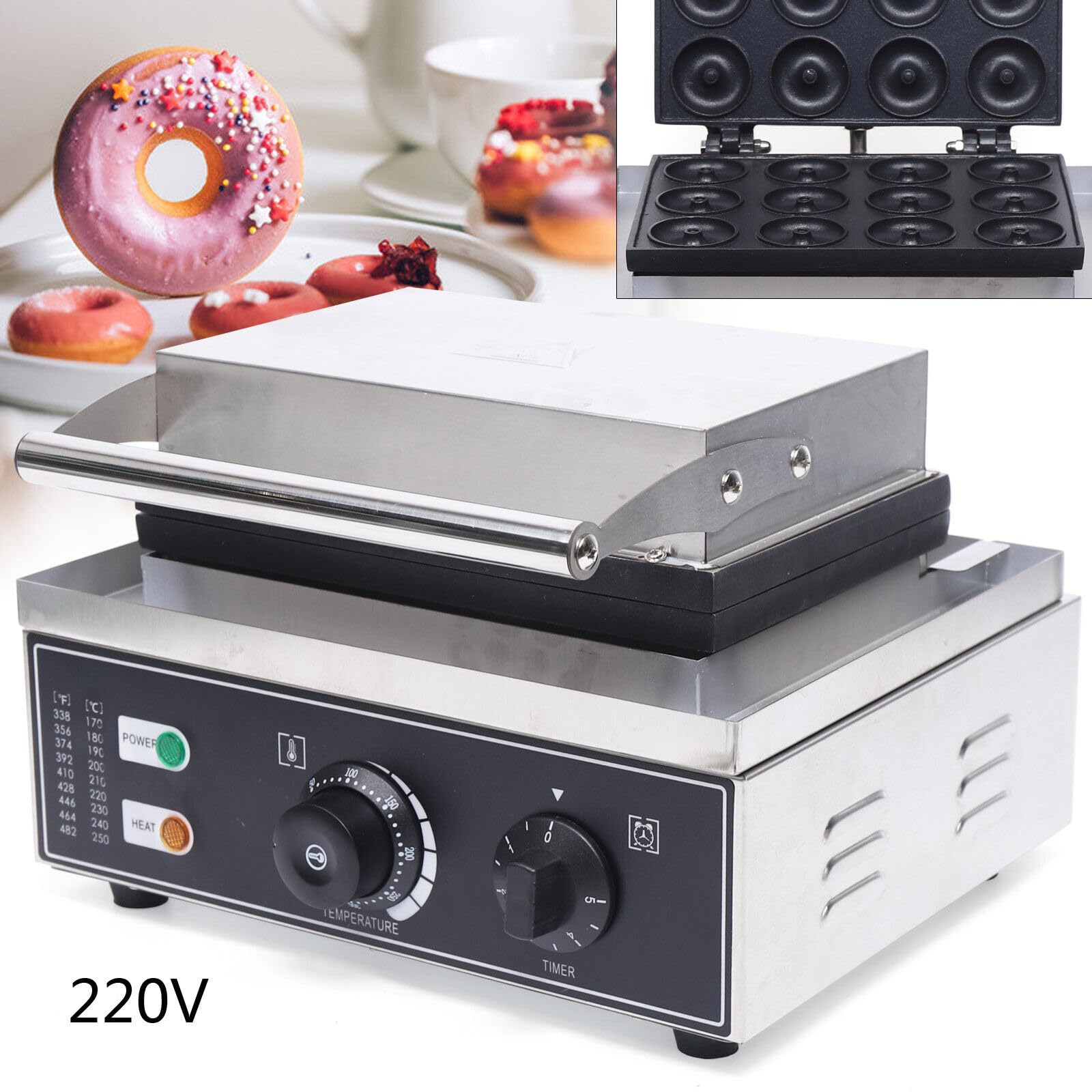 Lot de 12 machines à donut 220 V 1550 W en acier inoxydable antiadhésif contrôle de la température 50-300 °C Chauffage rapide 1 à 5 minutes Idéal pour les fêtes, cafés, salons de thé