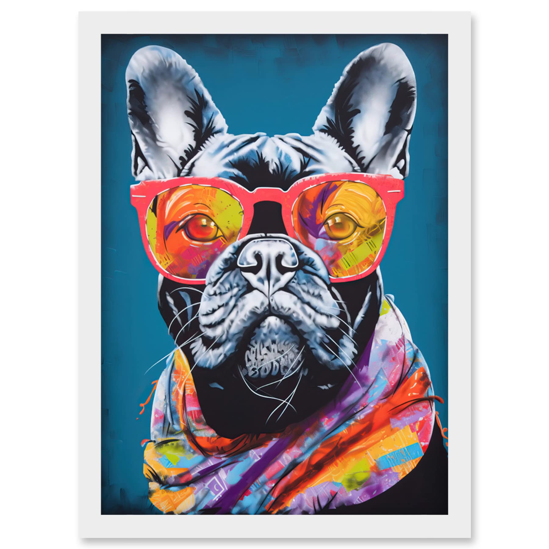 Artery8 English Bulldog with Neon Bandana and Sunglasses Artwork Framed Wall Art Print A4
