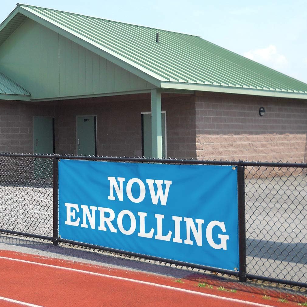Vinyl Banner Multiple Sizes Now Enrolling Baby Day Care School Education Outdoor Weatherproof Industrial Yard Signs Royal-Blue 4 Grommets 24x36Inches