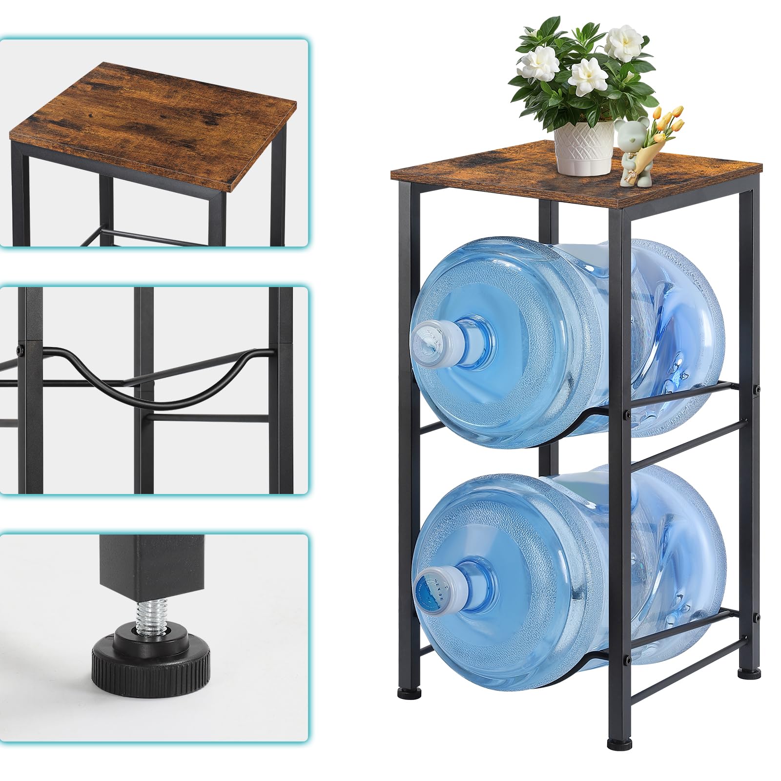 MOOACE Estante para jarra de agua de 5 galones, organizador de 2 niveles para botellas de agua | Soporte dispensador de agua con estantes de almacenamiento para oficina, cocina, sala de estar, marrón rústico