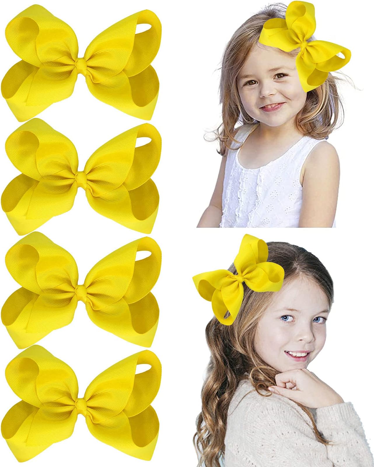 4 PCS 6" Big Hand-made Grosgrain Ribbon Solid Color Hair Bows Alligator Clips Hair Accessories for Little Teen Toddler Girls Kids Set of4 (Yellow)