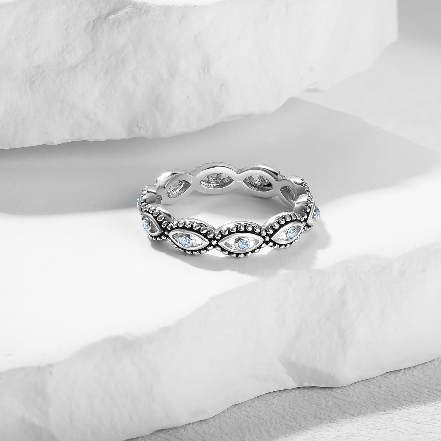 MDFUN Evil Eye Ring for Women, 18K White Gold Plated Cubic Zirconia Stackable Band Ring, Evil Eye Trendy Lucky Jewelry, Engagement Wedding Birthday Gift for Women Men, Size 5-10 - Image 3