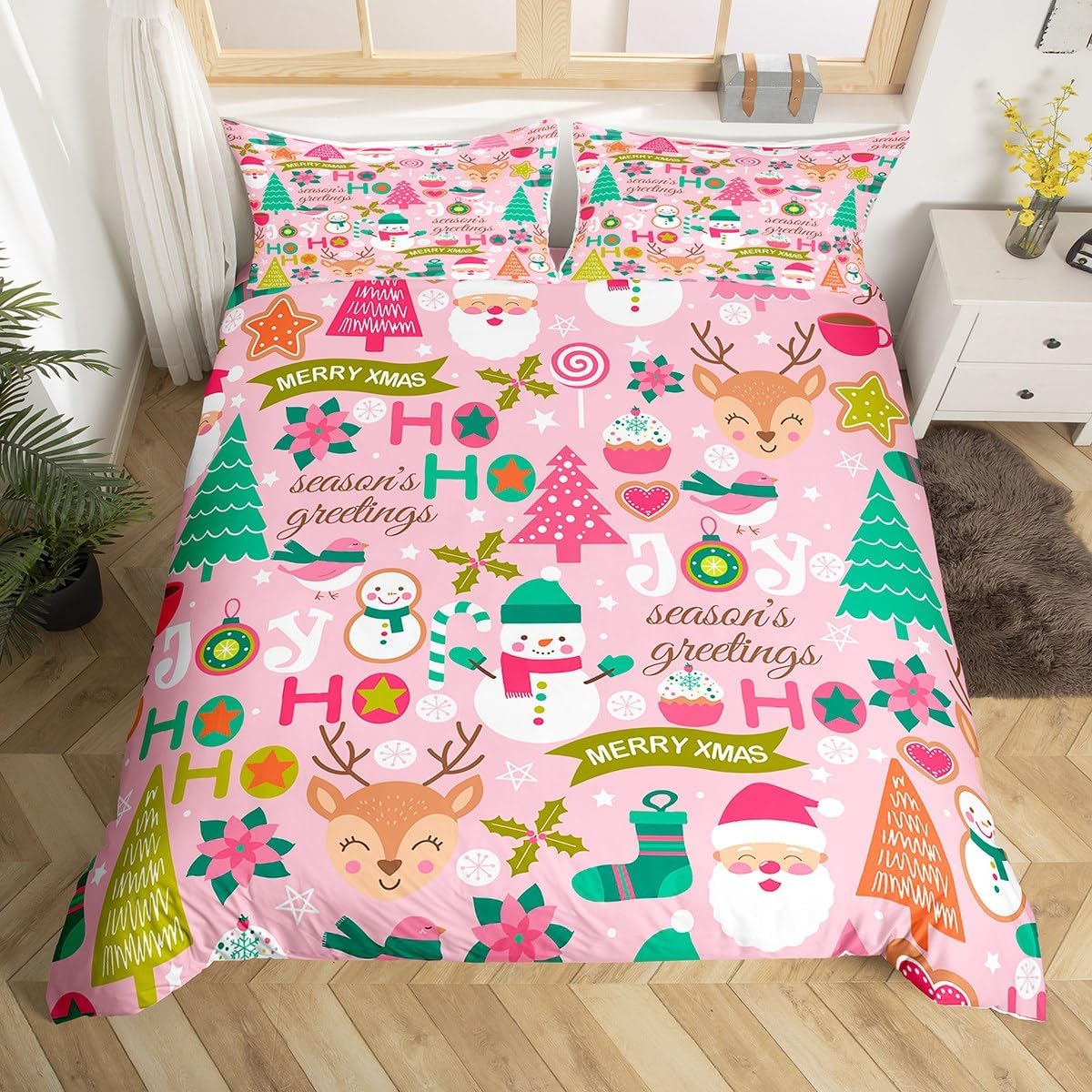 Feelyou Kids Pink Merry Christmas Bedding Set Full Merry Christmas Tree and Snowman Duvet Cover for Bedroom Decor Xmas Comforter Cover Set Snowflake Holiday Bedspread Cover with 2 Pillow Case