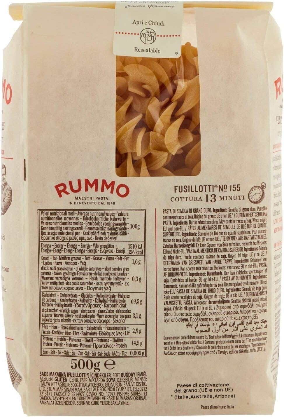 24x Rummo Pasta Fusillotti N°155, Nudeln aus Hartweizengrieß,Italienische Pasta 500g + Beni Culinari Kostenloser Schlüsselanhänger