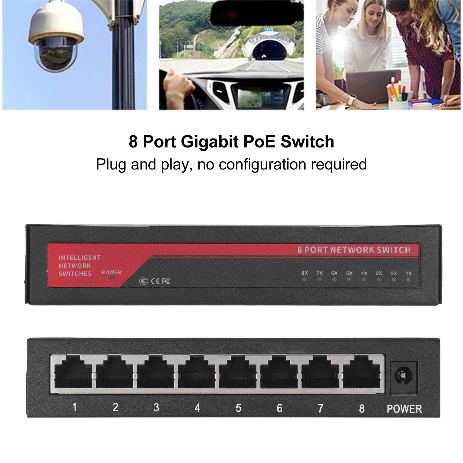 Fockety Switch Poe Gigabit a 8 Porte, Switch di Rete Senza Ventole Plug & Play con Alta velocità 1000Mbps, Switch Ethernet da Tavolo o Montaggio a Parete in Metallo per Casa, Ufficio