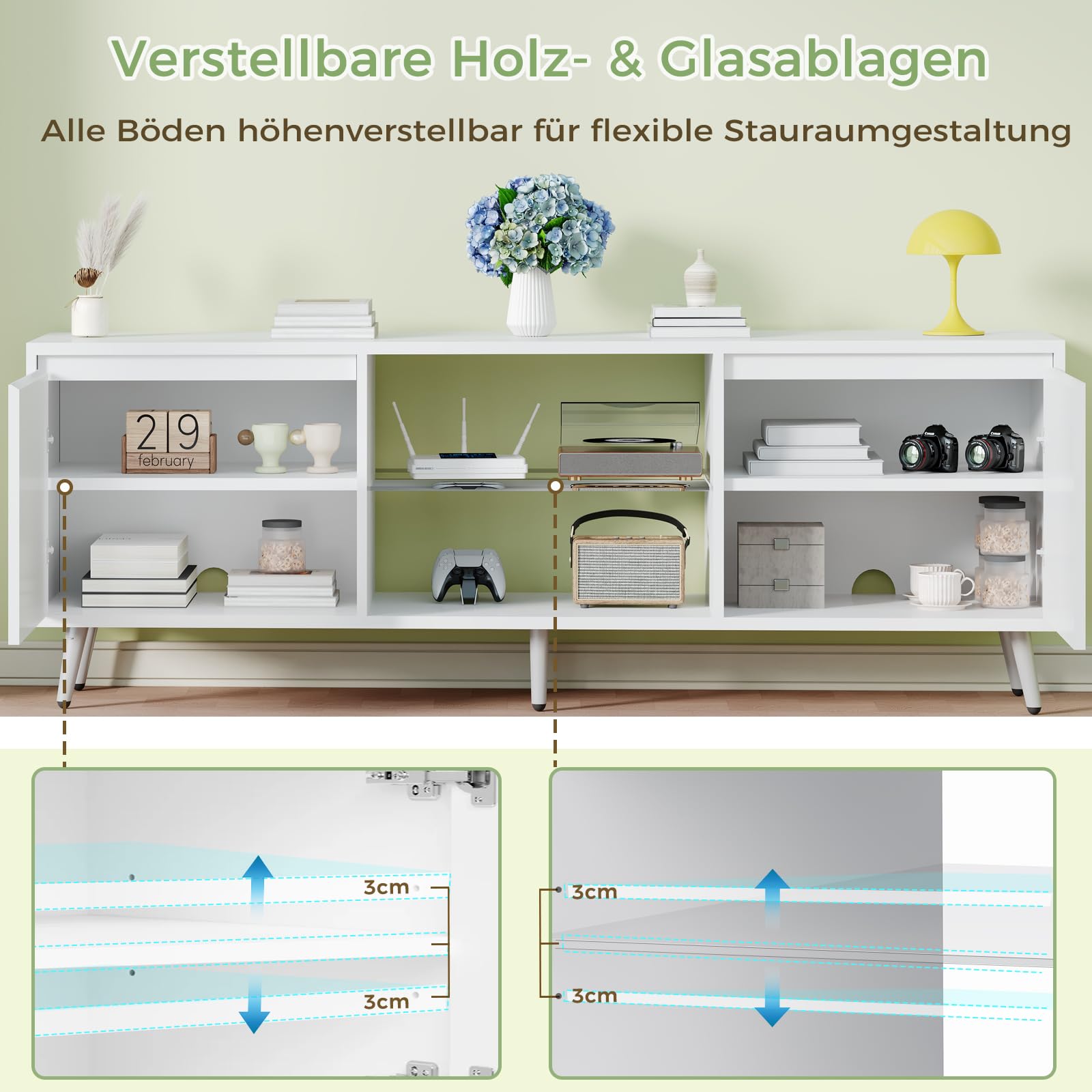 BEWISHOME Tv Schrank Mit Led Beleuchtung, Weißer Fernsehtisch Mit 2 Schranktüren, Höhenverstellbarer Glasablage, Tv Board Hochglanz Für Wohnzimmer, Schlafzimmer, Bürorau,148x40x49.5 cm EKDG04W