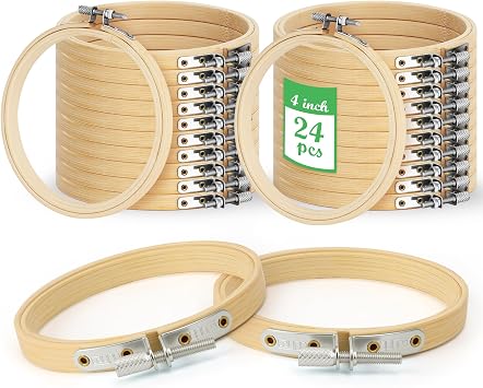 WOWOSS 4 Inch Embroidery Hoops, Bulk Pack of 24 Small Bamboo Cross Stitch Hoops with Adjustable Screws for DIY Crafts and Christmas Ornaments