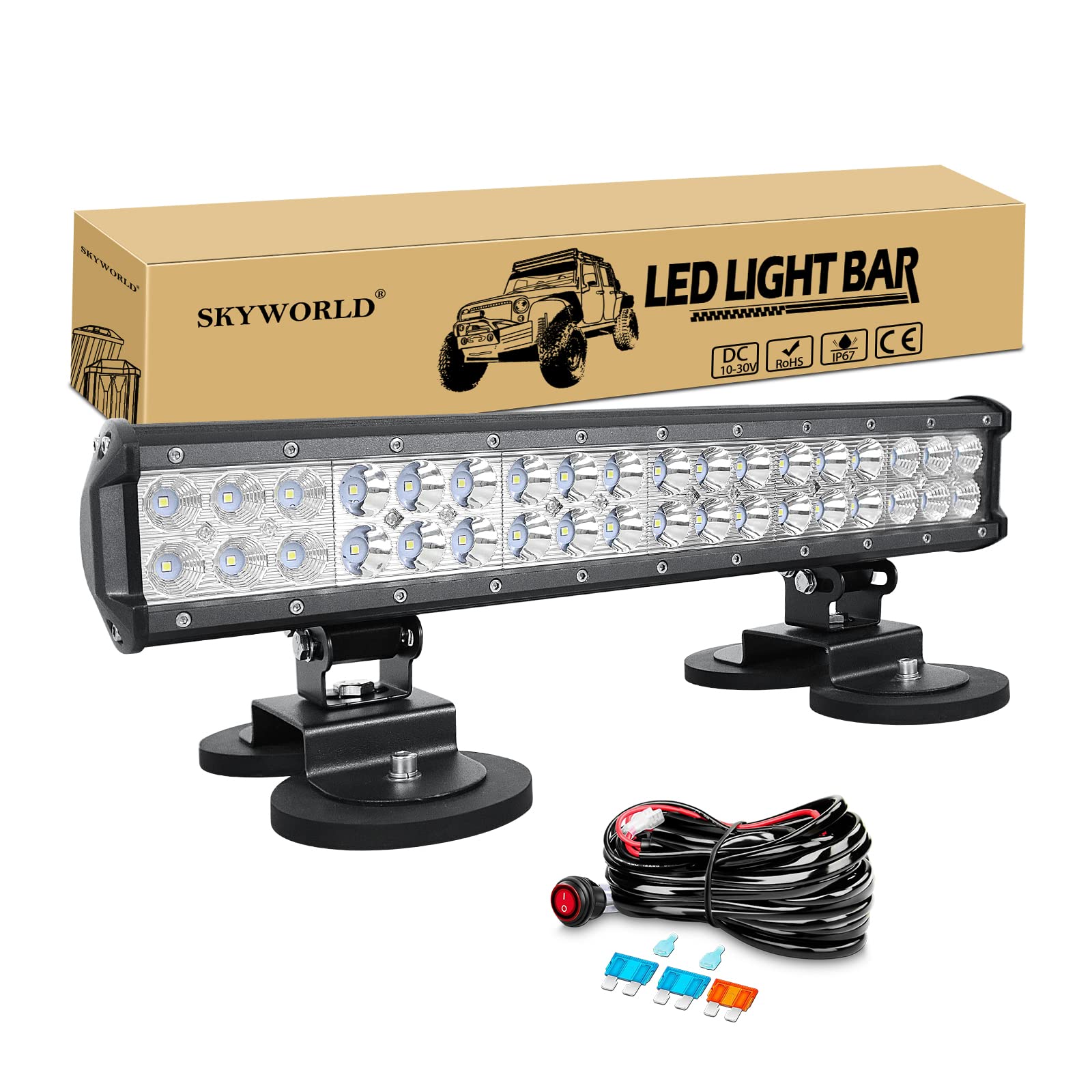 SKYWORLD 23 inch 324W drie rij led-lichtbalk met 12v schakelaar kabelboomset en kentekenplaathouder auto, rijverlichting werklampen waterdichte led light bar voor 4x4 suv offroad vrachtwagens