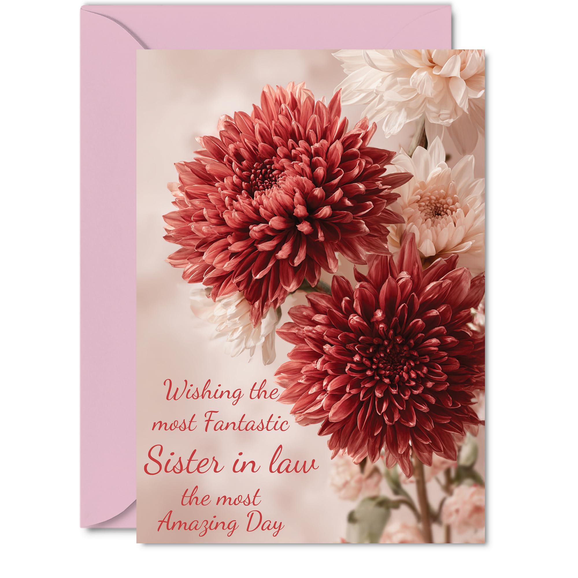 Sister in Law Birthday Card - Red Chrysanthemums - Happy Birthday Card for Sister in Law from Brother Sibling, 5x7 Inch Red Flowers Bday Greeting Cards