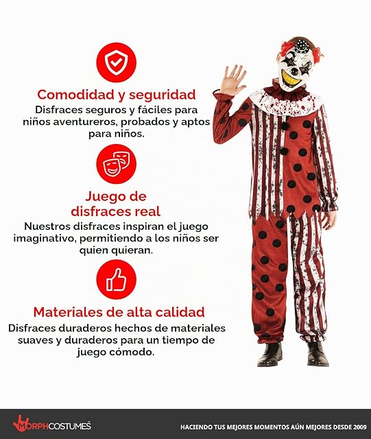 Foto 4 de 8 de Morph Disfraz Payaso Siniestro Niño, Disfraz Halloween Niño, 12-14 años