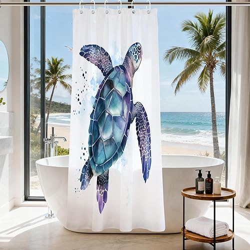 Vista 217 de Cortina de ducha de tortugas marinas, temática náutica de playa, verde y verde azulado, sin ganchos, punto gofre y forro desmontable, decoración