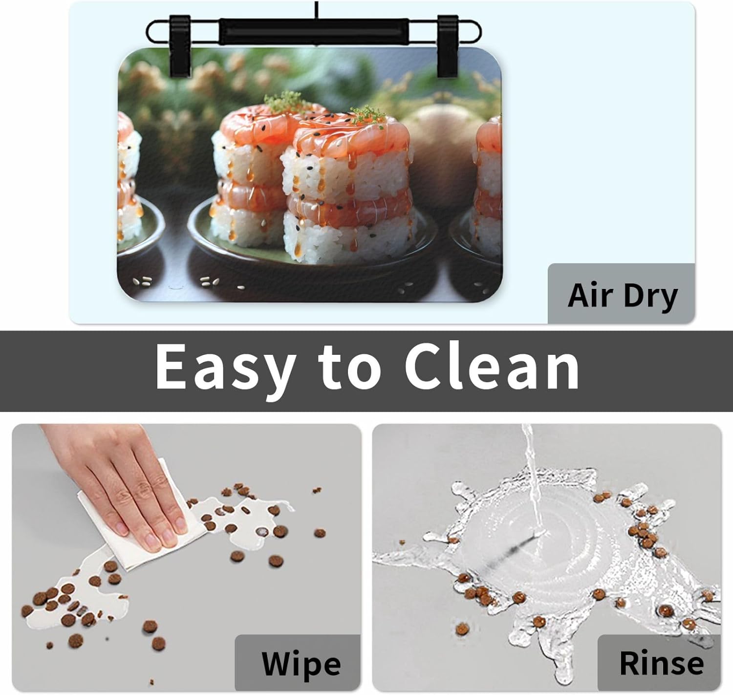 40x60cm Pet Absorbent Feeding Mat - Fresh Salmon Sushi Print Leather Non-Slip Placemat, for Dog Cat Food and Water Bowl Pads