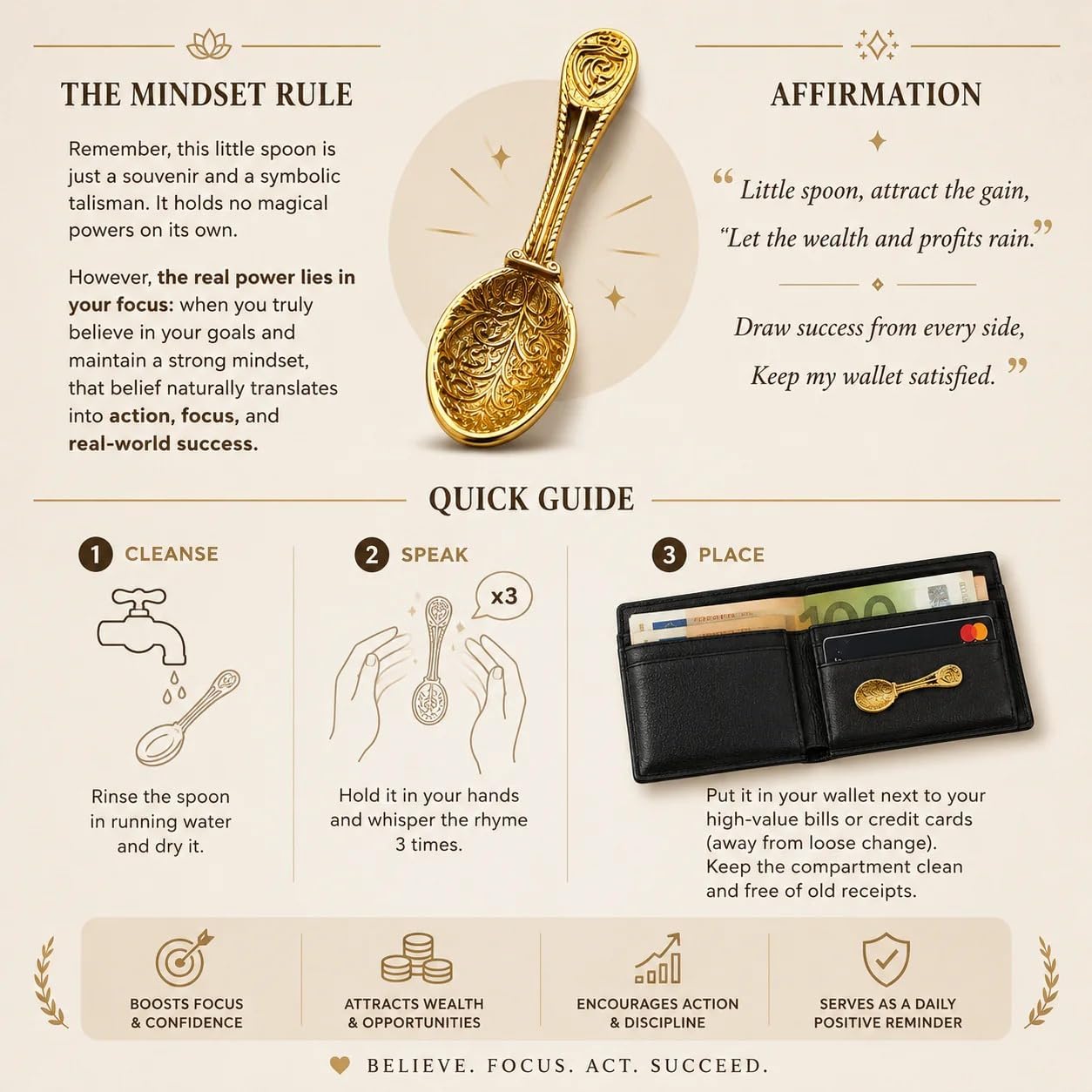 18K Gold Plated 925 Sterling Silver Zagrebushka Spoon Wallet Amulet, 1.6” Tiny Purse Mascot Money Scoop Charm for Wealth, Prosperity & Abundance Talisman