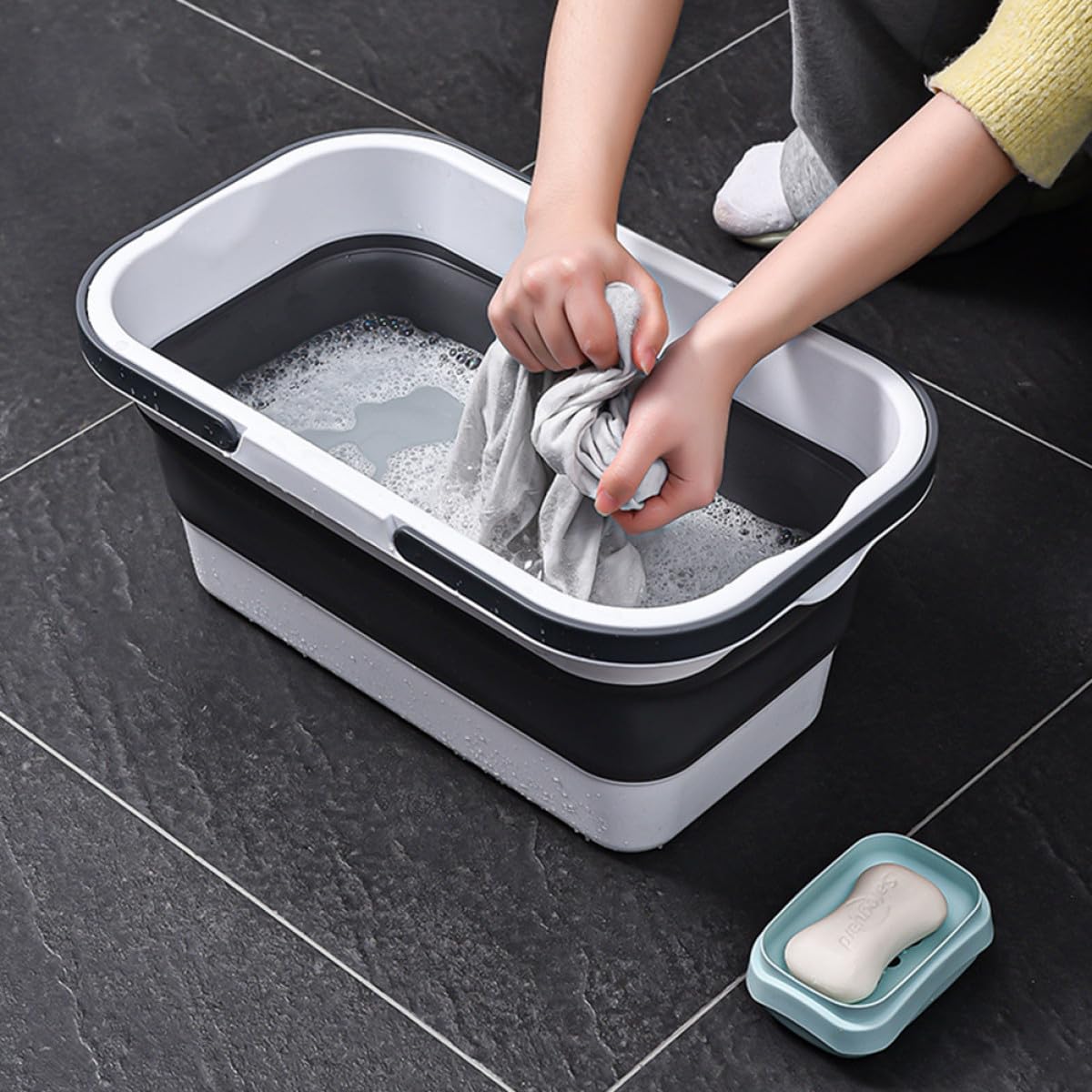 Cubo Plegable de Plástico 15L para Fregona, Cubeta de Mano Asa, Balde para Limpieza en Garaje y Hogar
