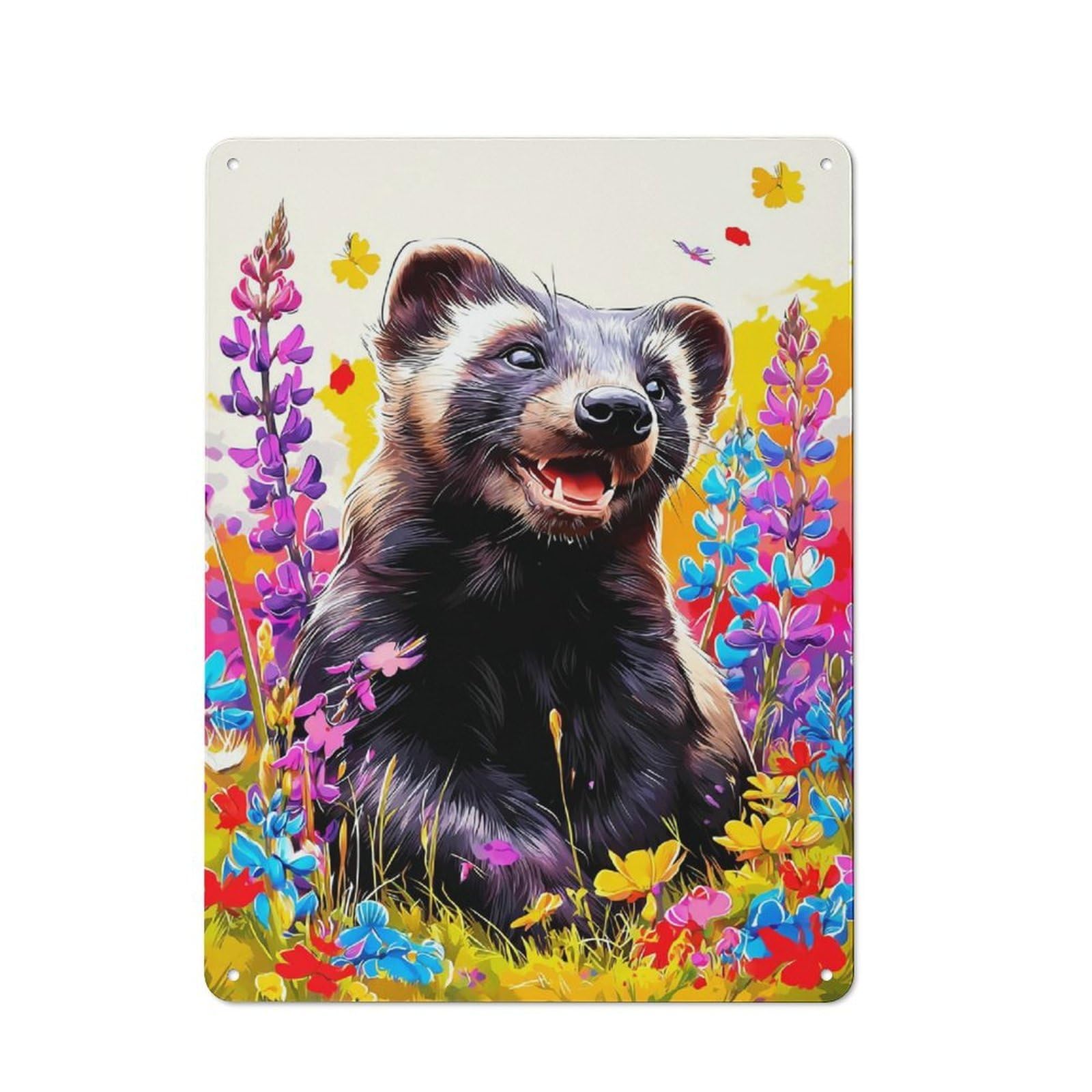 Junmoney Wildflower Haven With Happy Ferret Tin Wall Plaque 40X30cm With For Home Office Or Studio, For Home Office Decor Fans
