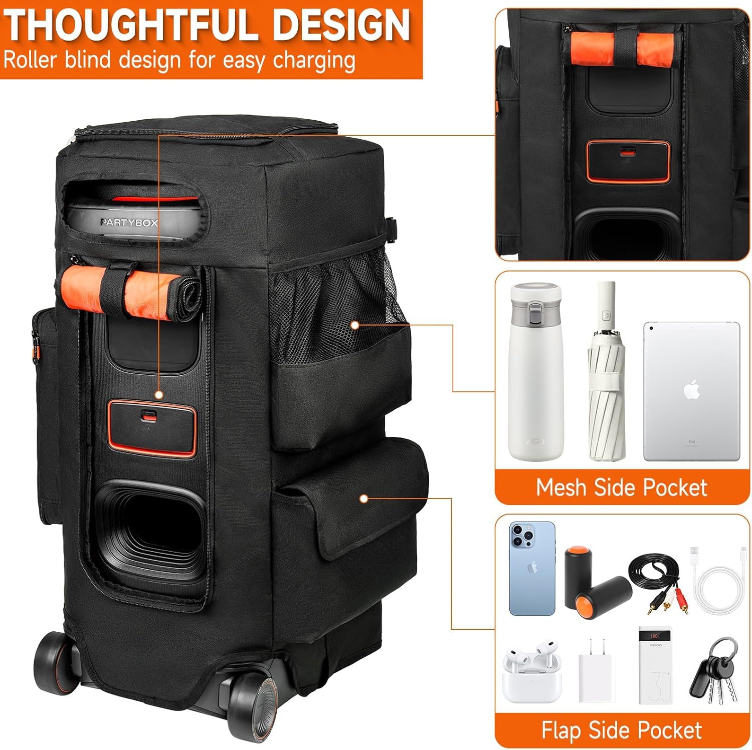 Funda para altavoz compatible con JBL PartyBox 320, bolsa de almacenamiento portátil para altavoz JBL PartyBox 310 para viajes al aire libre, negro y naranja, solo funda