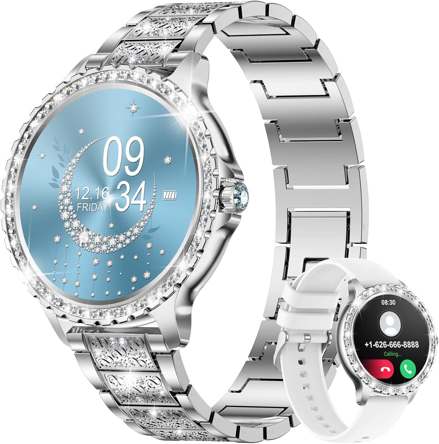 LIGE Damski smartwatch z połączeniem Bluetooth, 1,32" Diamentowy Smartwatch, Monitor snu, Cykl menstruacyjny, krokomierz, 500+ Inteligentny zegarek na Androida iOS, srebrna stal nierdzewna