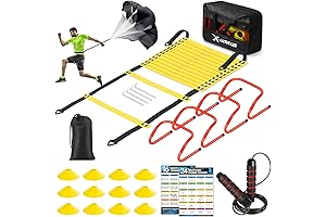 20ft Agility Ladder with 12 Soccer Cones, 4 Hurdles, Jump Rope, and Running Parachute