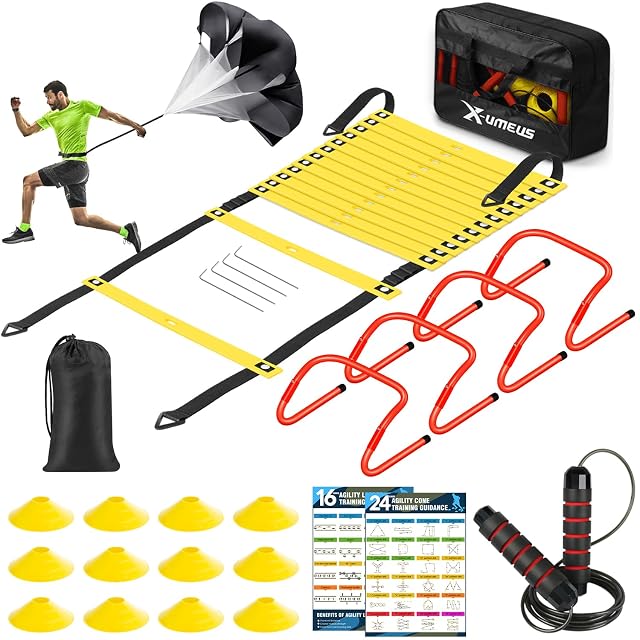 Agility Ladder Speed Training Equipment Set-20ft Agility Ladder 12 Soccer Cones 4 Hurdles Jump Rope Running Parachute Basketball