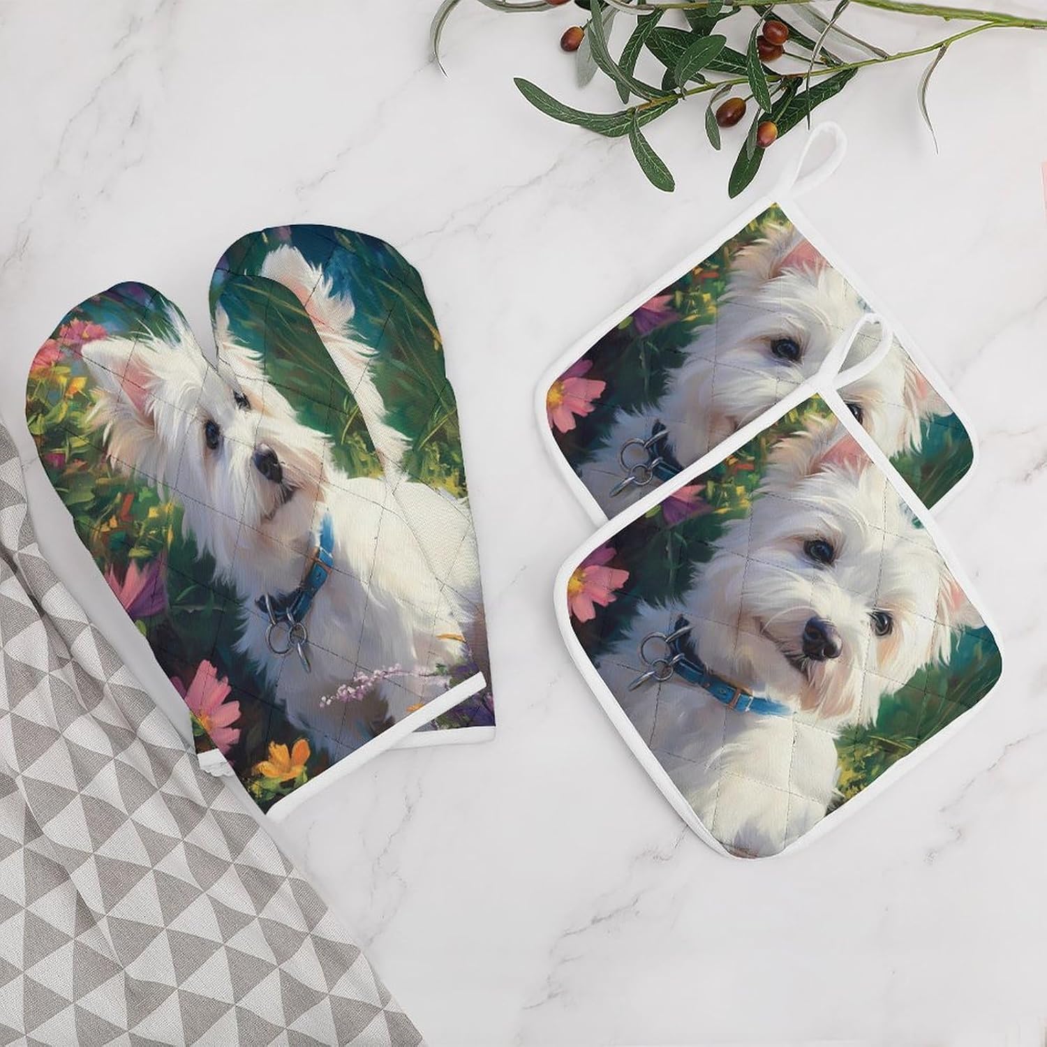 West Highland Terrier in The Garden Oven Mitts and Pot Holders 4Pcs Set Heat Resistant Cooking Mitts Hot Pads