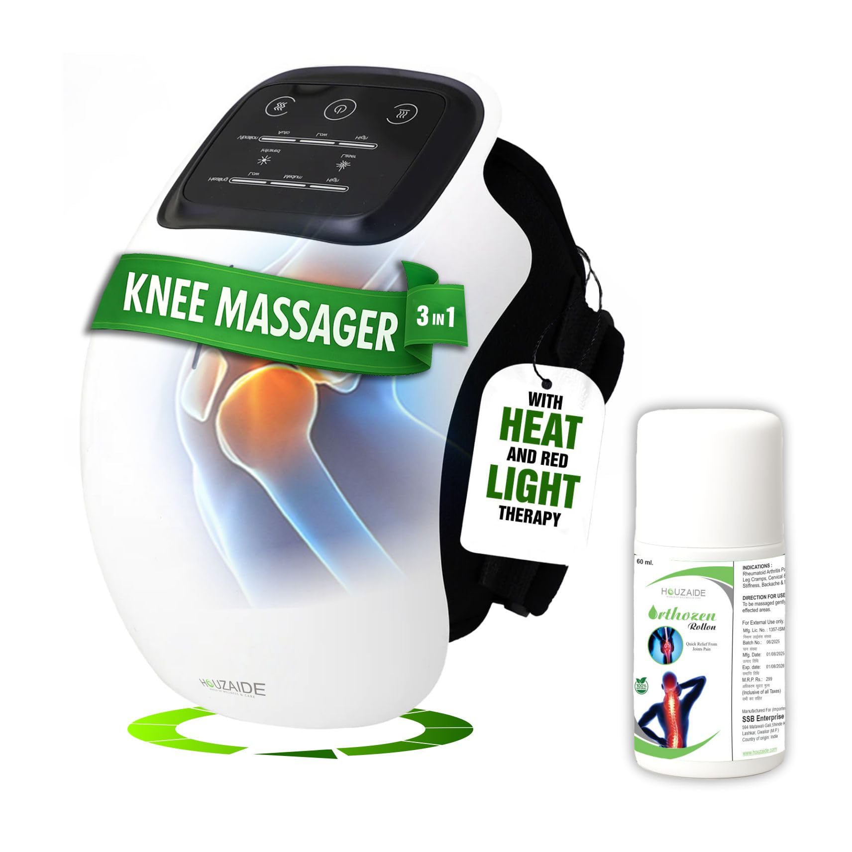 HOUZAIDE Smart Knee Massager for joint pain relief- Physiotherapy for Arthritis Pain, Cramps, Knee Pain Relief, Knee Heat Therapy with Orthozen Roll-on | Raksha Bandhan Gift Option