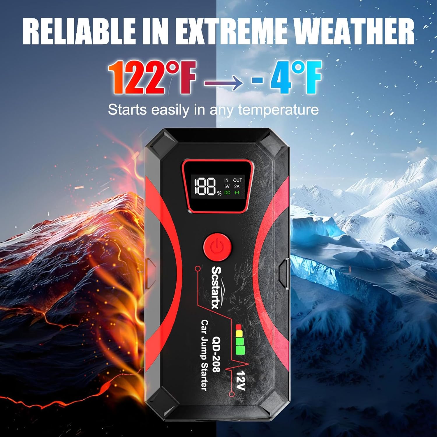 Scstartx QD-208 Jump Starter displaying multiple safety protection icons