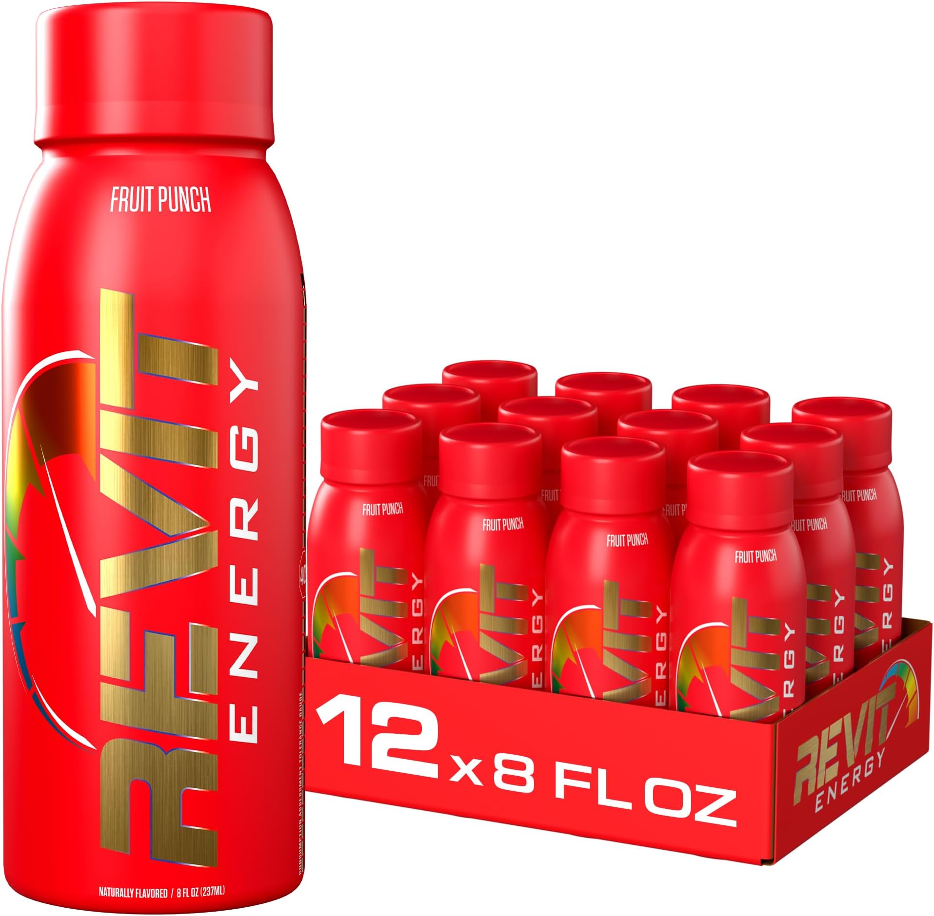 Steel Revit Energy Drink Fruit Punch 8oz (12-Pack) | 300mg Caffeine, 7 Essential Vitamins | Sugar-Free, Resealable Cap, All-Day Energy