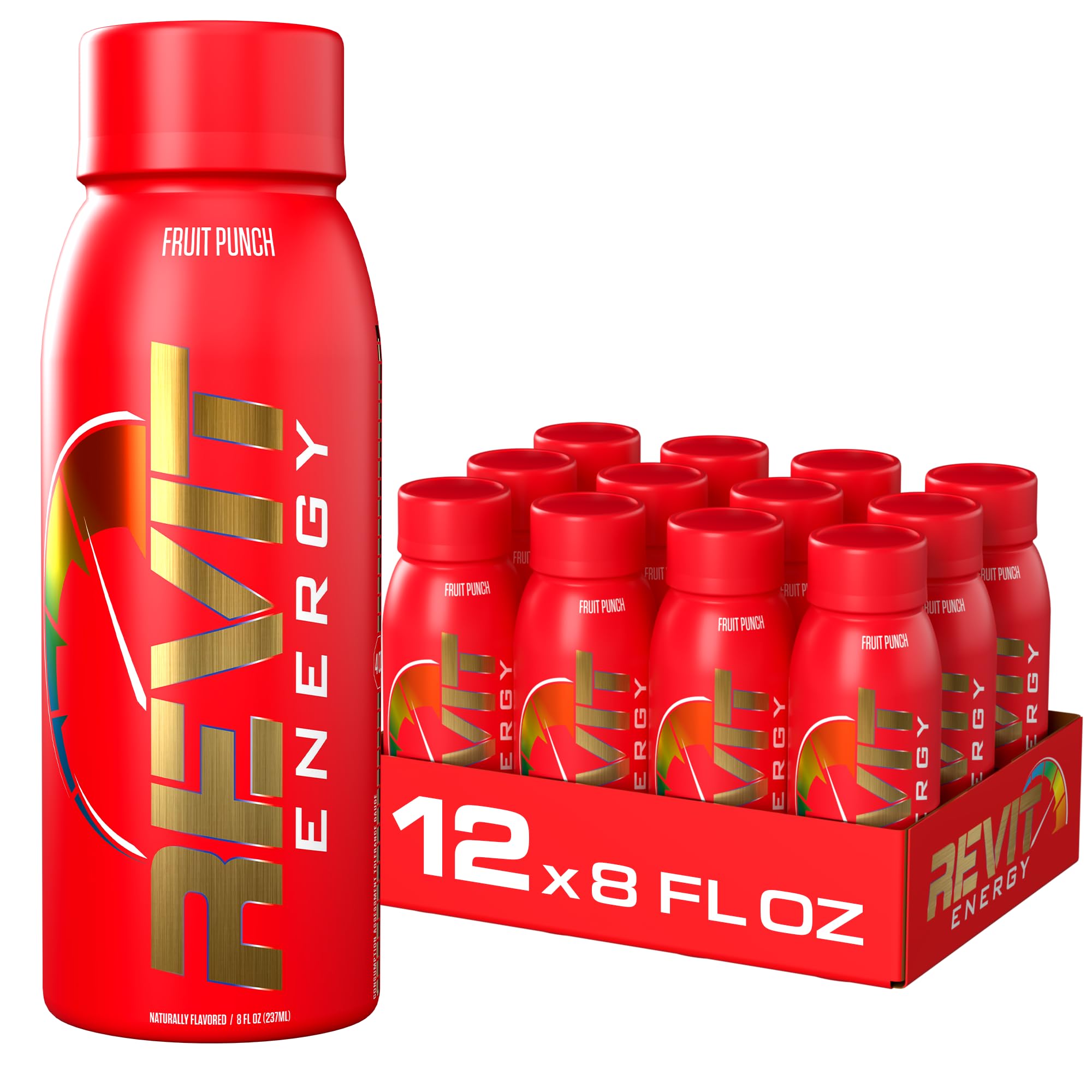 Steel Revit Energy Drink Fruit Punch 8oz (12-Pack) | 300mg Caffeine, 7 Essential Vitamins | Sugar-Free, Resealable Cap, All-Day Energy