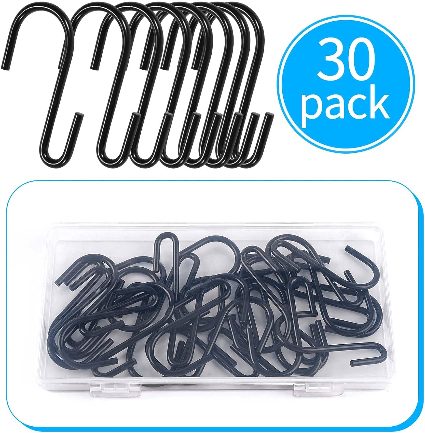 30 Pack 2.4 Inch Black S Hooks for Hanging Pots, Pans and Utensils