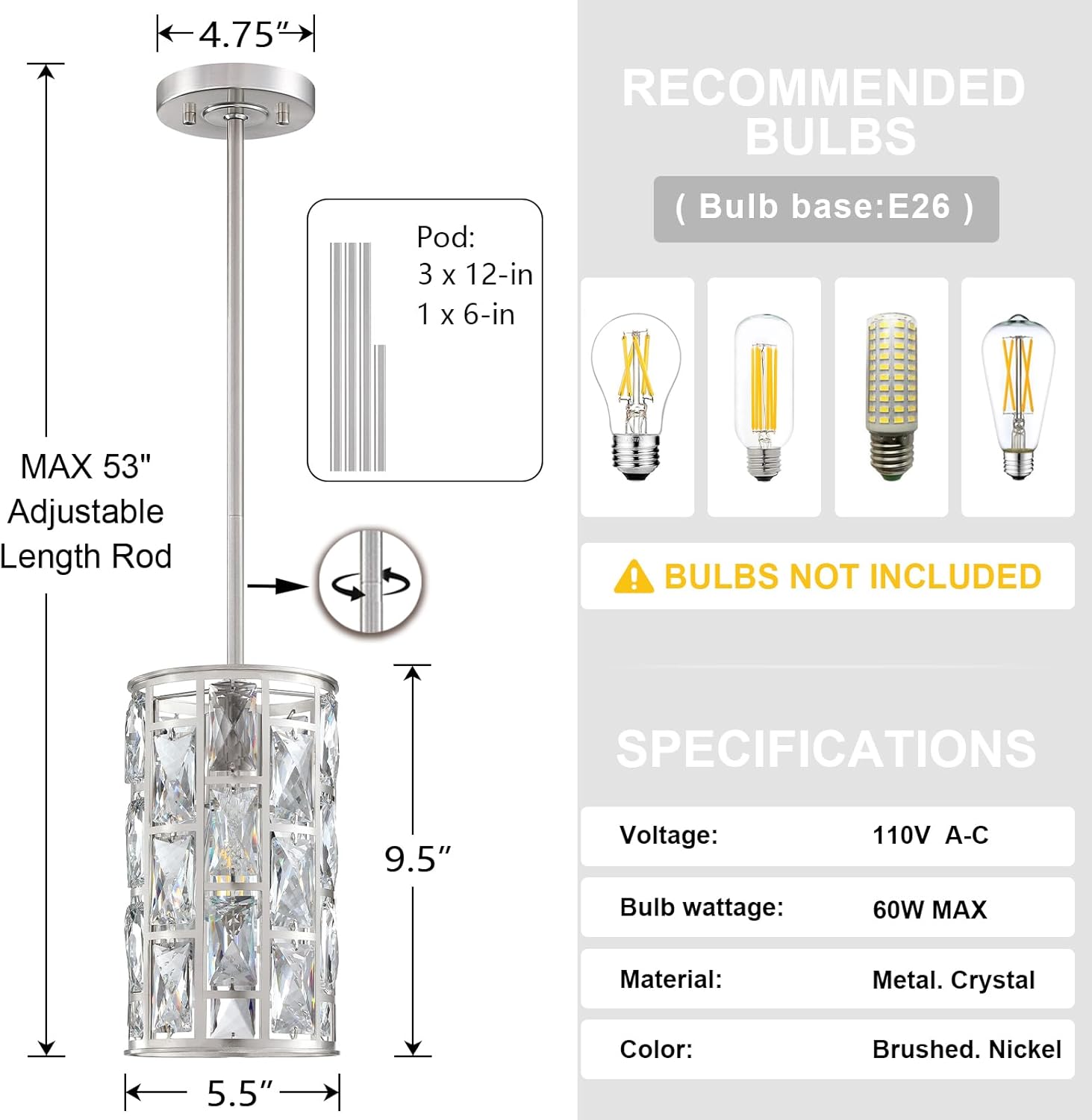 3 Pack 1 Light Hanging Kitchen Island 5.5" Crystal Modern Pendant Light Fixture,Brushed Nickel Finish with Crystal Shade for Bar,Dining Room,Corridor,Living Room Over Sink