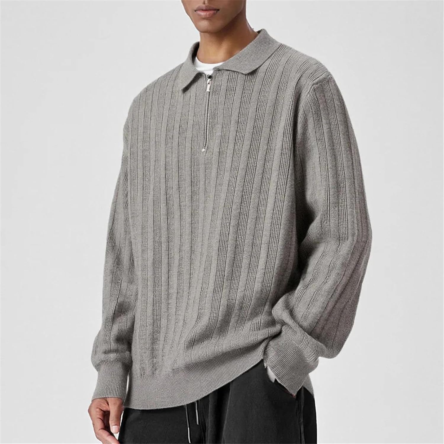 Men's Long Sleeve Polo Sweaters Loose Fit Pullover Turndown Collar Business Casual Knitted Tops for Daily Wear