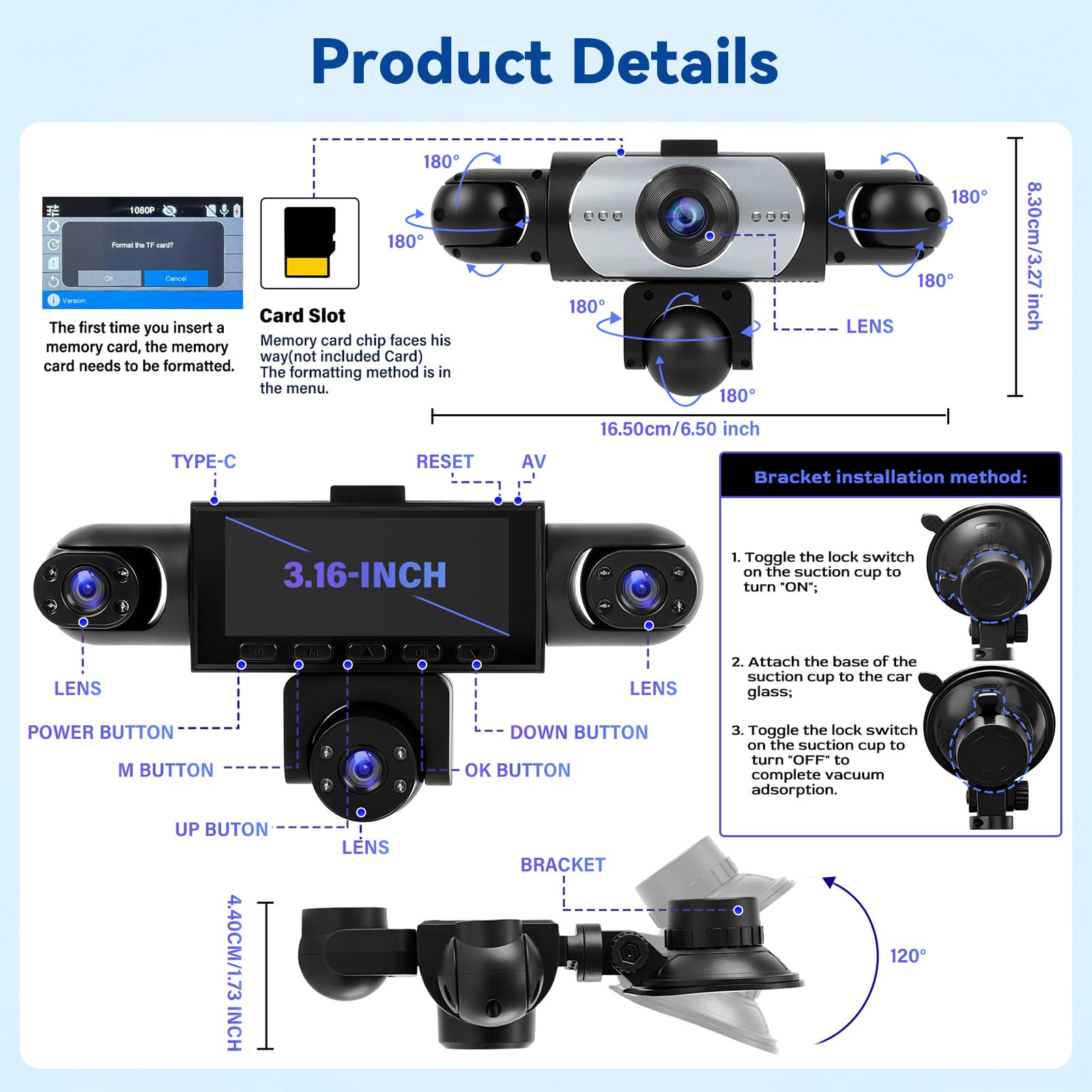 Caméra Embarquée pour Voiture 5 Camera 3,16" Vision Panoramique 360° Full HD 1080p Surveillance Stationnement Détection Mouvement DVR pour Voiture Assistance Marche Arrière Enregistrement en Boucle