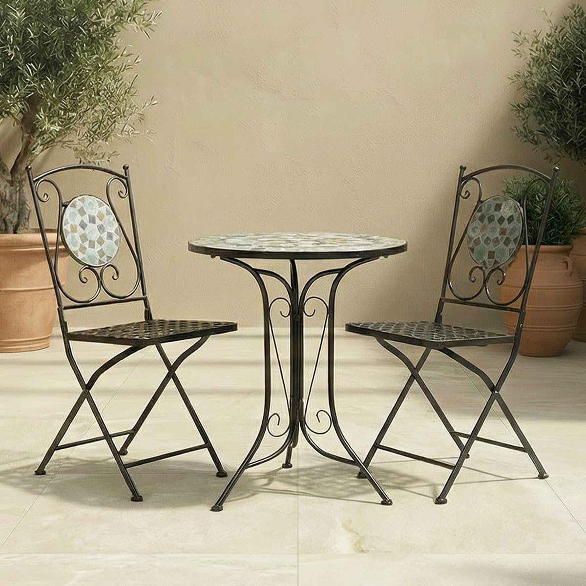 CHARLES BENTLEY Garden Blue Mosaic 3 Piece Dining Set, With Folding Chairs, Outdoor, Patio, Conservatory, Foldable Chairs, Antirust Finish, Interwoven Seat, 2 Person, Round Table, Robust (60x60x91cm)