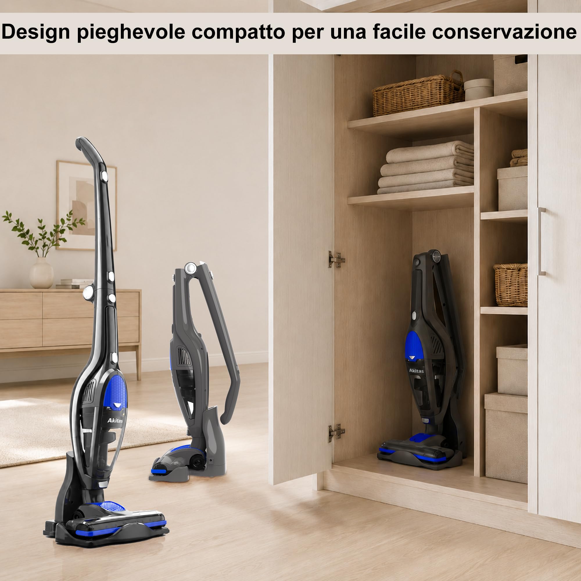 Akitas U10A 2in1 Potente Aspirapolvere Senza Fili Scopa Elettrica Verticale a Batteria Leggero 22,2v 150W con Batteria al Litio Ricaricabile per Pavimenti, Tappeti e Peli degli Animali Domestici