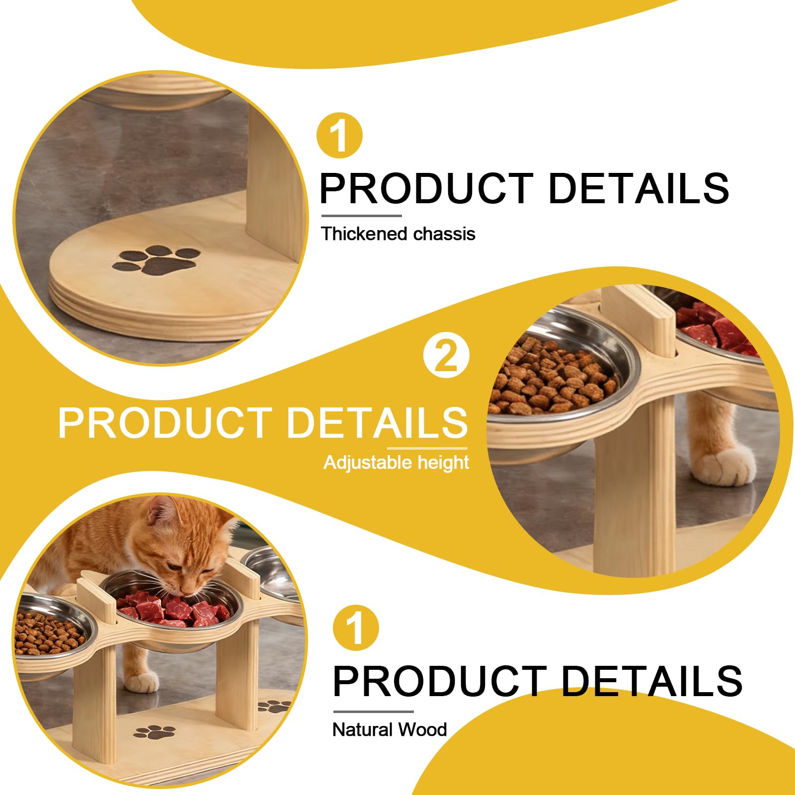 Katzennapf Erhöht, Futterstation Katze, 3 Edelstahlschalen mit Holzständer 15° Geneigter Futternapf Katze Erhöht, Höhenverstellbar Katzen Futterstation für Katzen, Welpen und Kleine Hunde