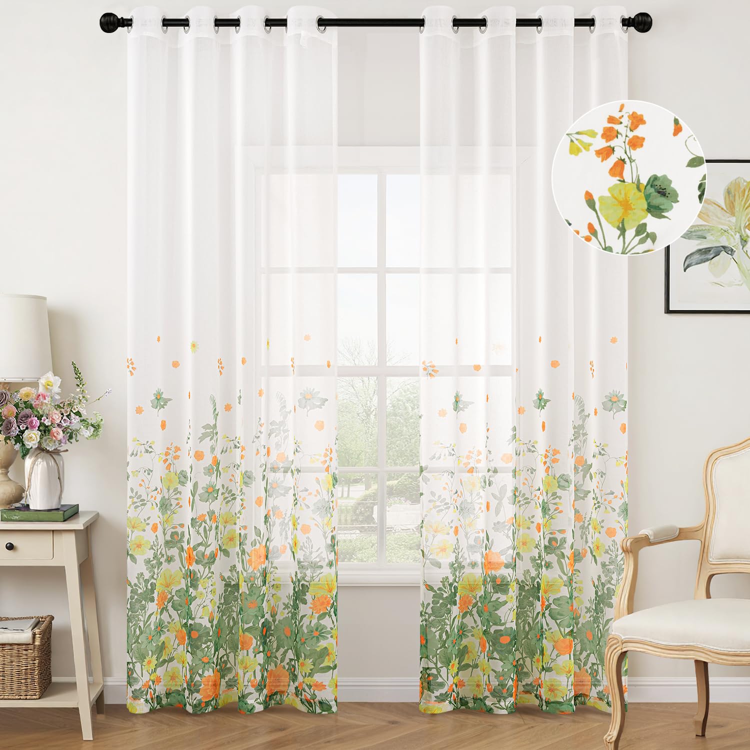 Woaboy Cortina Dormitorio Verde Visillo con Estampadas Flores Ventana Decorativo Tansparente Moderno para Salón Habitación 2 Piezas 140x225cm